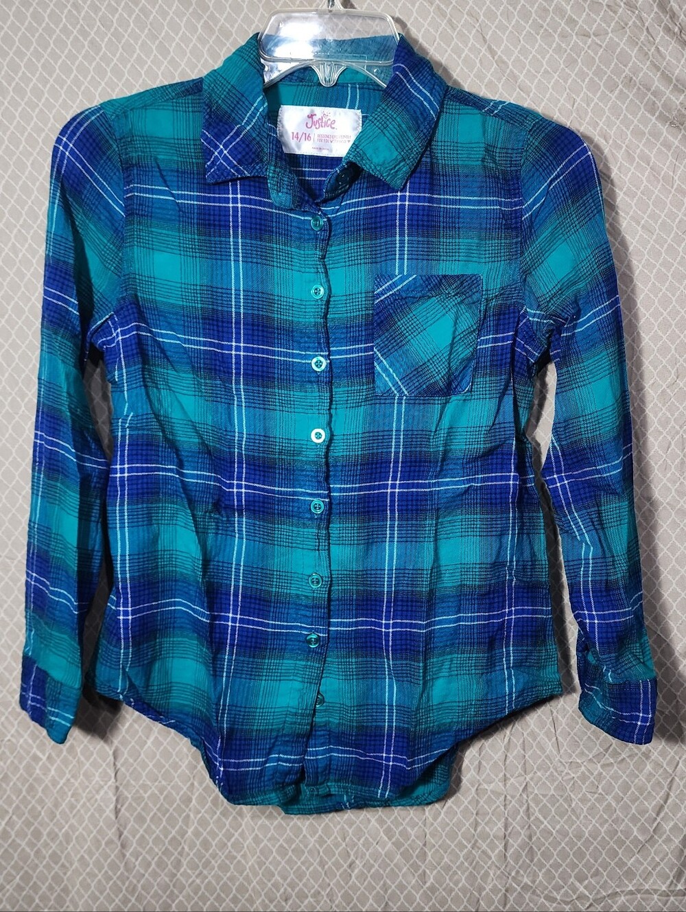 Justice Plaid Button Down Long Sleeve Shirt Blue Turquoise Girls Large Used